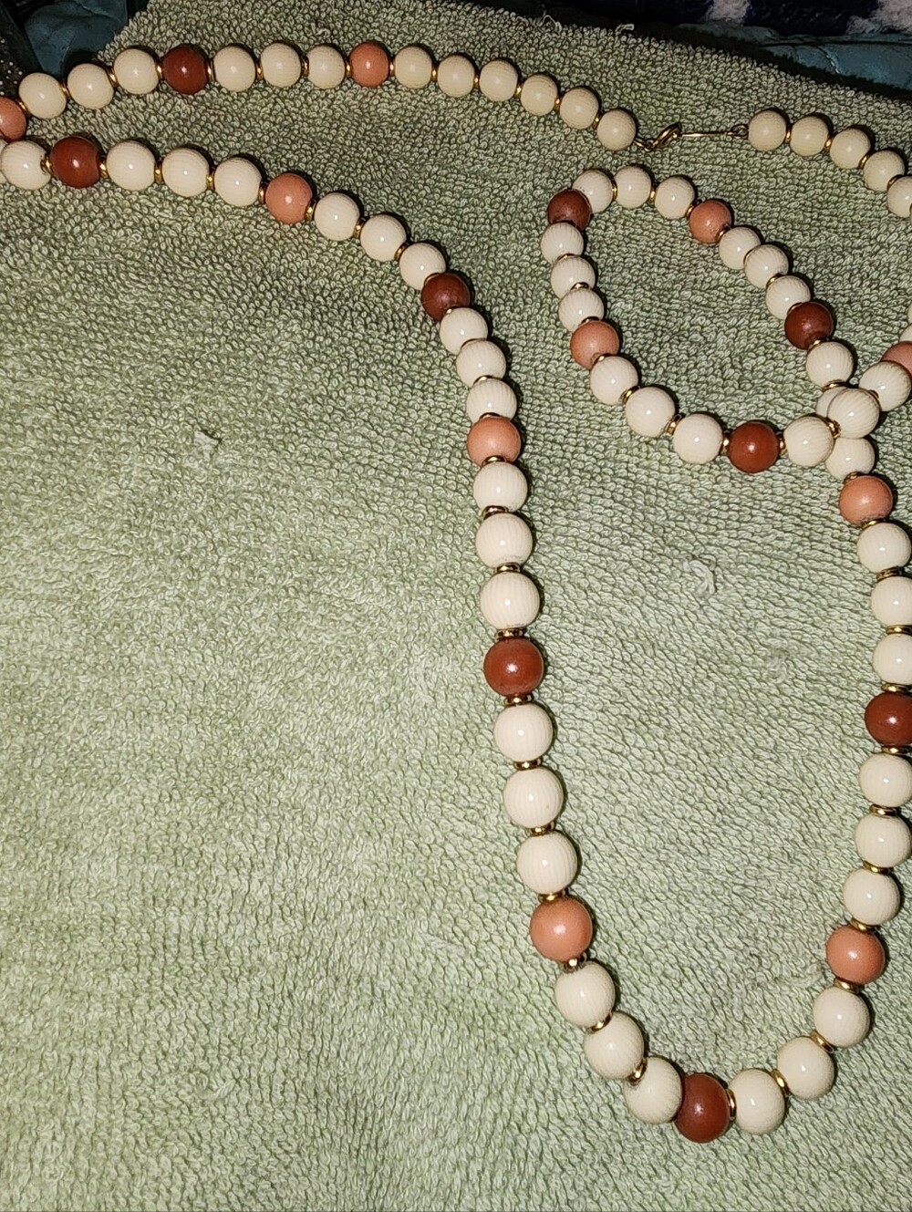 Vintage NAPIER Coral Color & Striped Cream Beaded 30" Necklace 8391